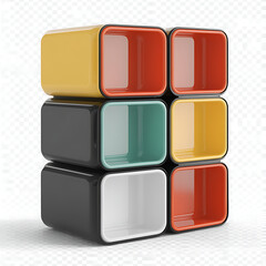 A modular cube storage system with interchangeable panels in different colors on a transparent background, high-resolution 3D render, customizable organization, 