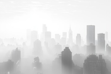Freezing fog hangs over the city, softening the harsh lines of skyscrapers. The whole skyline, Generative AI