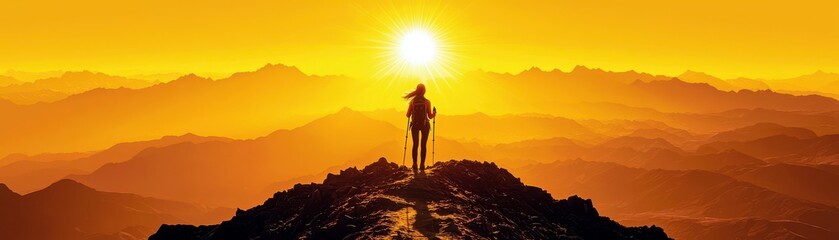 Silhouette of a Hiker Standing on a Mountain Peak Against a Golden Sunset with Dramatic Clouds in a Stunning Outdoor Landscape