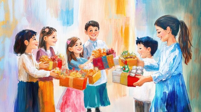 Joyful scene of children sharing colorful gifts with caring adul
