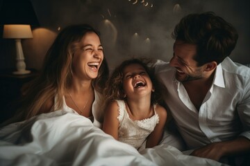 Family enjoying a cheerful moment together, laughing in bed at night