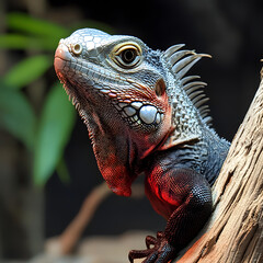 Obraz premium close up of vibrant black spiny tailed iguana perched on branch, showcasing its intricate scales and striking colors. iguana unique features and textures are highlighted beautifully