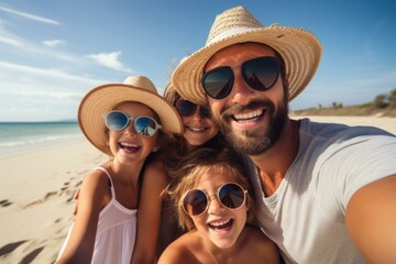 Family wearing sunglasses and straw hats taking selfie on a sunny beach