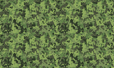 Abstract pixelated camouflage pattern in shades of green. Perfect for backgrounds, textiles, military or outdoor themed designs. Versatile and visually striking digital camouflage texture.