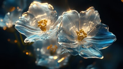 Glass Angelonia flower, abstract floral glassmorphism wallpaper, translusent and luminous effect on dark background