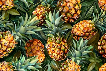 Vibrant Pineapples and Tropical Leaves seamless Pattern.