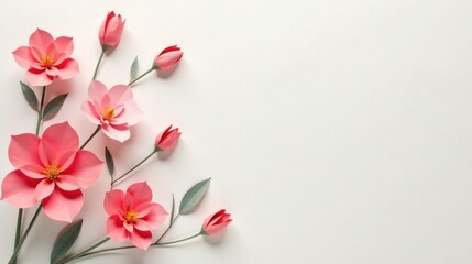 Delicate Coral Paper Flowers Arranged on a White Background, Creating a Serene and Elegant Floral Design Ideal for Invitations or Greeting Cards