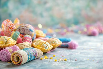 Fototapeta premium Colorful Easter eggs and decorative rolls scattered on soft past