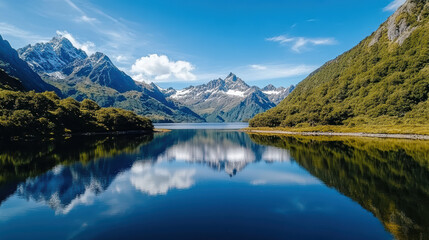 Naklejka premium Majestic mountain range reflecting in calm lake under blue sky