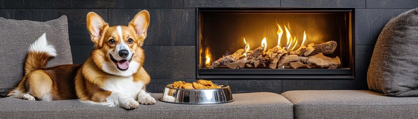Adorable Corgi Relaxing Near Cozy Fireplace with Dog Bowl Filled with Treats on Modern Couch in Stylish Living Room Interior Design