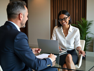 A confident businesswoman using a laptop while discussing with a male colleague in a modern office. A productive and professional workplace interaction.