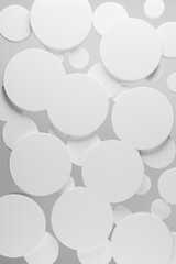 White plastic circles flying on soft light shining background as pattern, top view. 3D illustration with cylinders as texture in modern simple, gentle, geometric style for sale, advertising, design.