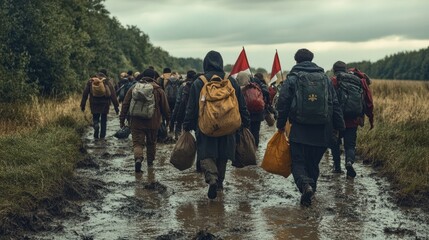Group of individuals trudging through muddy terrain, carrying be