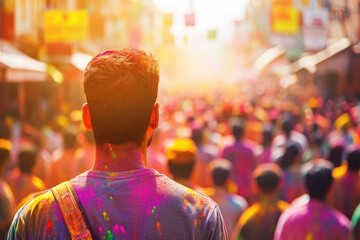 Fototapeta premium Vibrant celebration with colorful powders covering participants