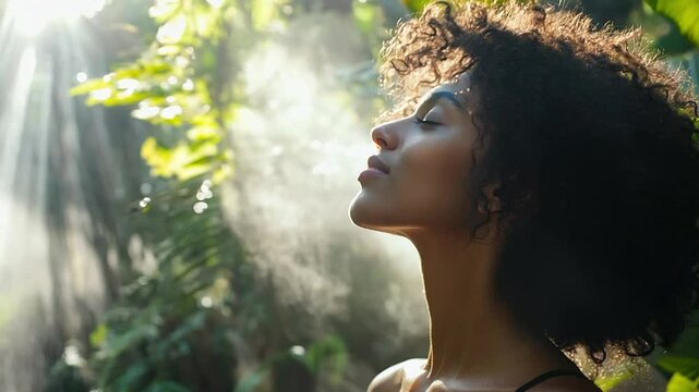 Woman breathing in a forest