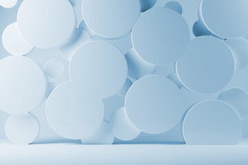 Light blue abstract stage mockup - flying plastic circles as decor. Template 3D illustration contemporary, geometric scene for presentation cosmetic products, advertising, sale, display, black friday.