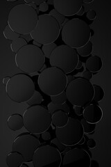 Black friday black abstract background with flying glossy plastic circles as pattern, top view. 3D illustration circle texture in modern rich, elegant, geometric style for sale, advertising, design.