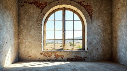 Obraz premium A sunlit arched window in a rustic room with weathered walls and exposed brick