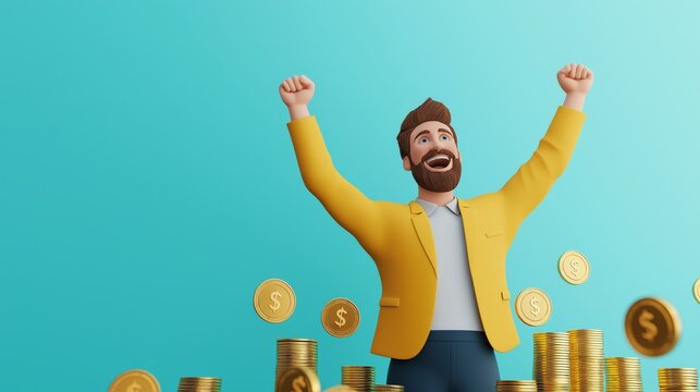 successful  goals  wealth achievement concept. Joyful man in a suit celebrating wealth with coins around him.