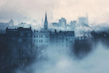 Freezing fog swirls around the city skyline, blurring the sharp edges of buildings. The city, Generative AI 