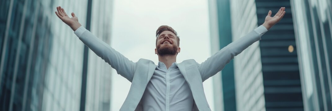 successful  goals  wealth achievement concept. A man stands confidently with arms raised between tall buildings.