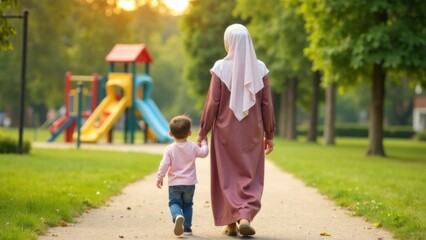 Muslim woman spends time with her child, family values ​​and care. Mother walks with her child in a summer park. Islam, traditional clothing of Muslim women