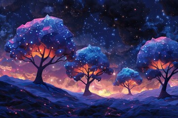 A magical forest landscape with vibrant, starry trees under a cosmic night sky, evoking a sense of wonder.