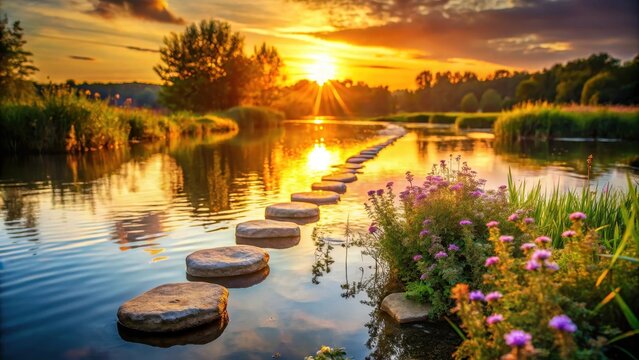 Stepping stones with wildflowers on a riverbank at sunset, nacht, w?sser,  nacht, w?sser, stein, freizeit,herz, natur