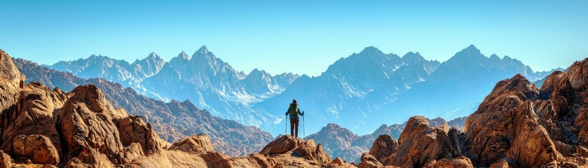 Fototapeta premium Breathtaking Landscape View of Majestic Mountain Range with Adventurer Standing on Rocky Outcrop under Clear Blue Sky