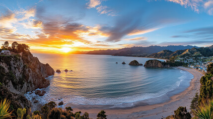 Obraz premium stunning sunset over tranquil coast with gentle waves and mountains