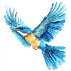 Illustration of a blue bird in flight on a white background.	