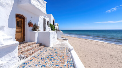 Fototapeta premium serene beach view with white buildings and blue sky