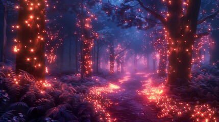 A magical forest path illuminated by glowing lights, surrounded by enchanting foliage and mystical ambiance.