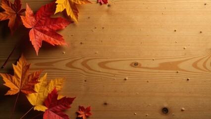 Obraz premium Autumnal Leaves Arranged on a Light Wood Surface with Ample Copy Space