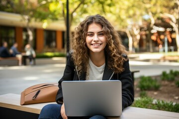 Young woman using laptop outdoors on university campus, enjoying online learning and connectivity