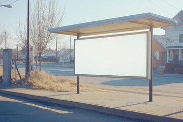 Naklejka premium Empty bus stop with blank advertising board, surrounded by quiet