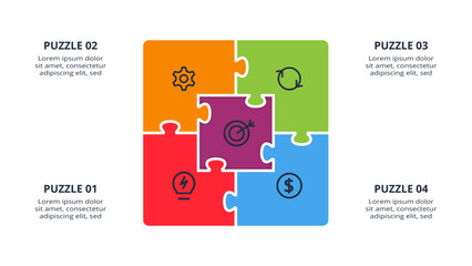 Puzzle infographic with 5 elements, presentations, vector illustration. Template for web
