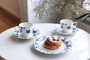 Fototapeta premium Elegant table setting featuring delicate china cups, sweet pastr
