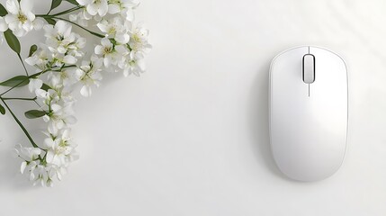 A white computer mouse sits on a white background with a bunch of white flowers