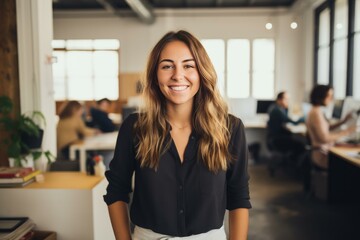 Portrait of a smiling businesswoman standing in a modern office with her colleagues working in the background