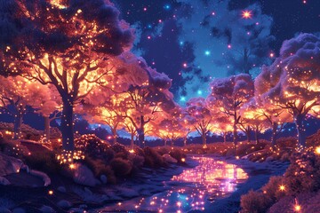A magical night scene with glowing trees by a serene river under a starry sky, evoking tranquility and wonder.
