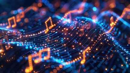 closeupA dynamic wireframe mesh composition of musical notes and sound waves, capturing the energy and flow of music  ,Sound-Engineer