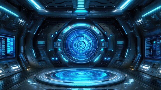 Futuristic spaceship interior with glowing blue portal and advanced technology