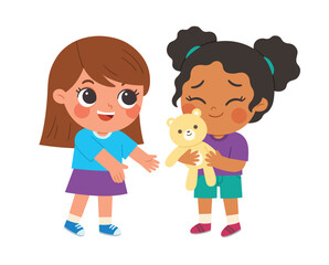 Two children are sharing a teddy bear, reflecting the value of cooperation in childhood.