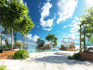 Fototapeta premium Sustainable tourism event showcasing themed eco-friendly resorts tropical beach digital art serenity aesthetic concept