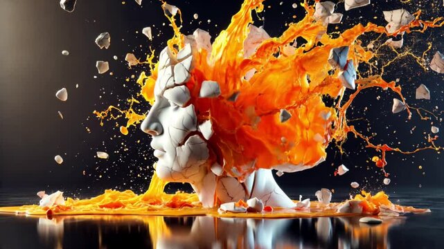 Marble-like human head sculpture with orange liquid explosion in a dramatic visual display.
