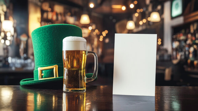 Blank white menu mockup, beer mug and green top hat with golden buckle stand on bar counter. St. Patrick's Day concept