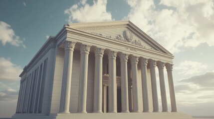 Obraz premium A majestic neoclassical building with a white facade and columns, standing tall against a cloudy sky.