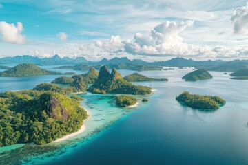 Sustainable tourism initiative showcasing island landscapes raja ampat aerial photography tropical environment scenic viewpoint ecological awareness