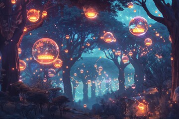 Naklejka premium A mesmerizing forest scene illuminated by floating, glowing orbs, creating an enchanting and surreal atmosphere.